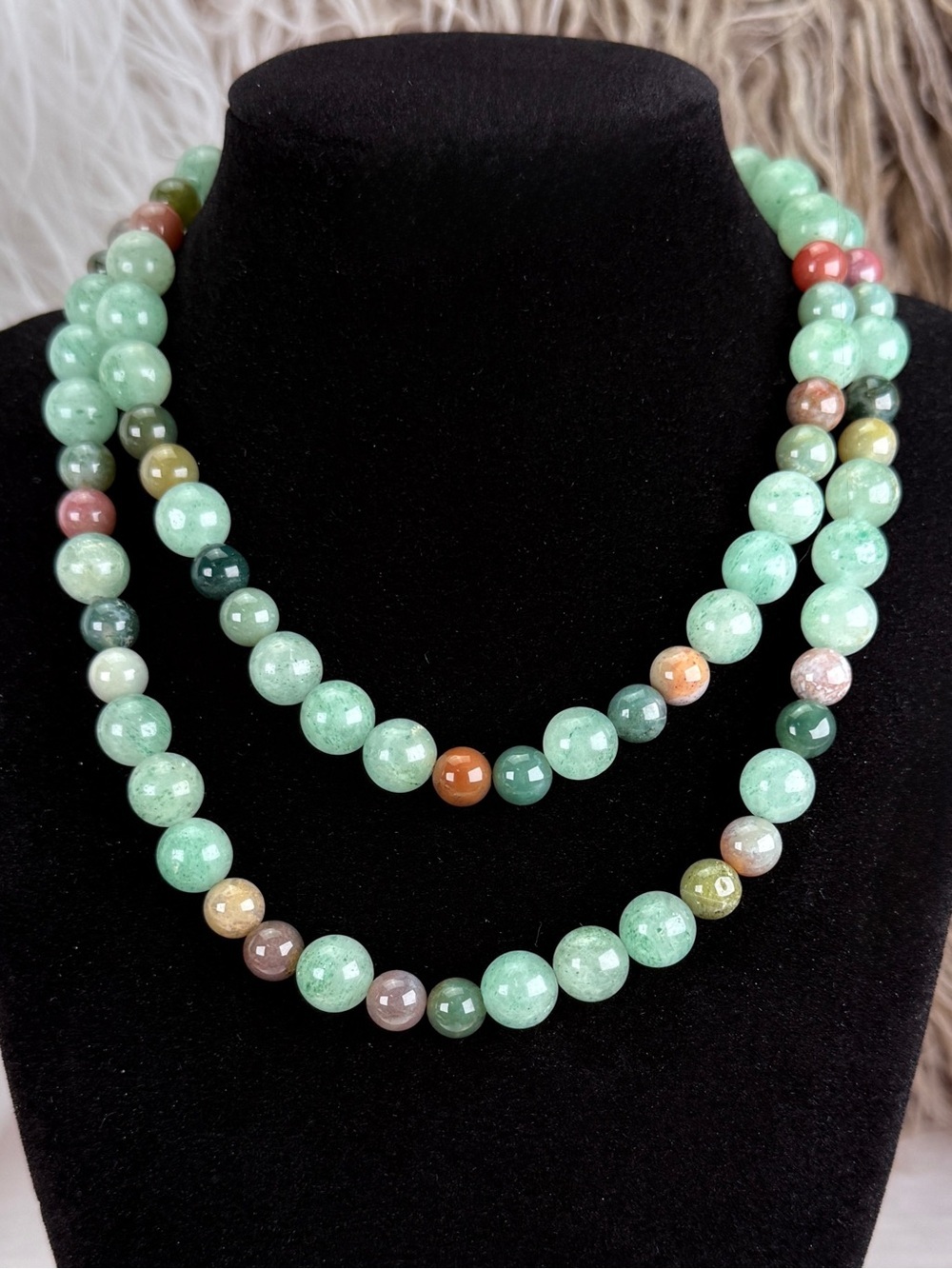 Graduated Green Bead Statement Necklace Multicolor Accent Beads Vintage Long